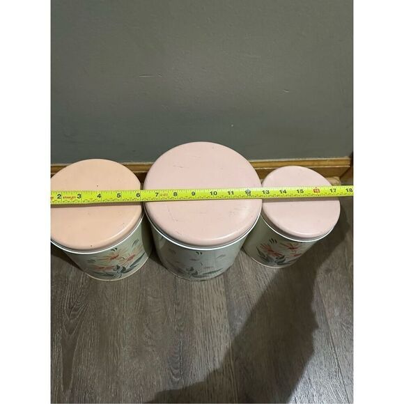 Vtg NC Colorware 60s Metal Kitchen Canister Set of 3 Flowers Beige Peach MCM - Picture 14 of 16